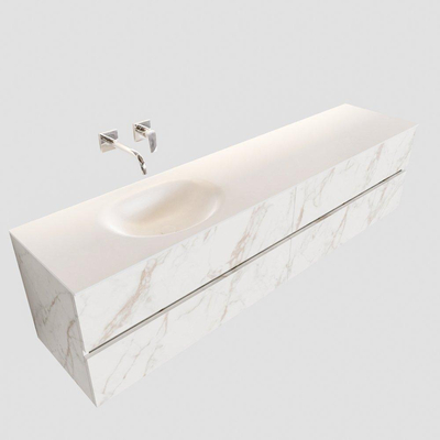 MONDIAZ VICA Badkamermeubelset - 200cm - 4 lades - wasbak Moon links - 0 kraangaten - solid surface carrara marmer