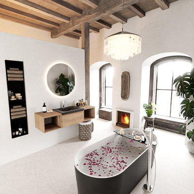 MONDIAZ BUKLA 140cm badmeubel met open module 40 L+R kleur Washed Oak met 1 lade. Wastafel CLOUD midden 1 kraangat kleur Urban.