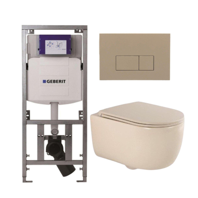 QeramiQ Dely Swirl Toiletset - 36.3x51.7cm - Geberit UP320 Burda inbouwreservoir - slimzitting - bedieningsplaat taupe - rechthoekige knoppen - beige