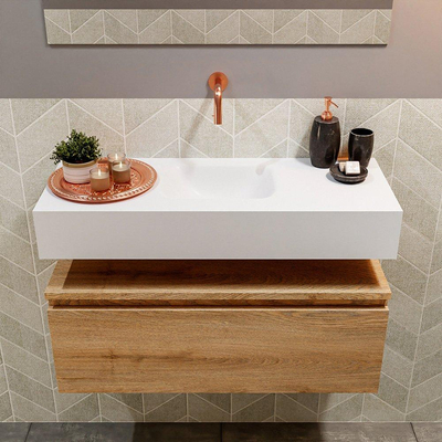 MONDIAZ ANDOR Toiletmeubel - 80x30x30cm - 0 kraangaten - 1 lades - washed oak mat - wasbak midden - Solid surface - Wit