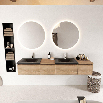 MONDIAZ BUKLA 200cm badmeubel met module 40 links kleur Washed Oak met 4 lades. Wastafel CLOUD dubbel 2 kraangaten kleur Urban.