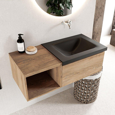 Mondiaz BUKLA Badkamermeubelset - 100x45x34cm - 0 kraangaten - wasbak rechts - solid surface - Urban - greeploos - 1 lade - Melamine - Washed Oak