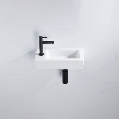 QeramiQ Fuente Fonteinset - 37.5x18.5x9cm - keramiek - kraangat links - fonteinkraan zwart mat - afvoerplug - verlaagd sifon - Mat wit