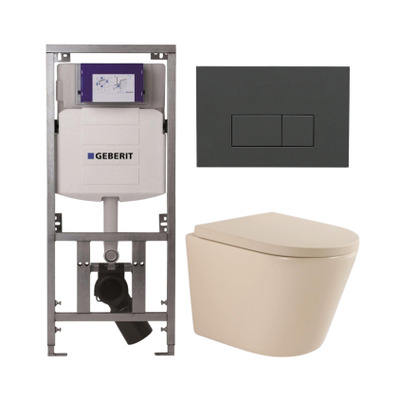 QeramiQ Dely Toiletset - 36.3x51.7cm - diepspoel - rimless - Geberit UP320 inbouwreservoir - softclose toilet zitting 35 mm - bedieningsplaat antraciet mat - rechthoekige knoppen - mat beige