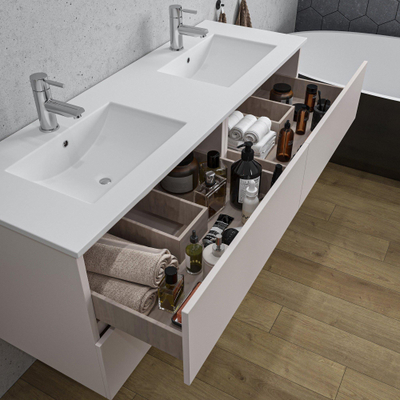 Adema Chaci Badkameronderkast - 140cm - 4 lades - greeploos - wit keramieke wastafel - overloop - 2 wasbakken - 2 kraangaten - mat cotton (beige)