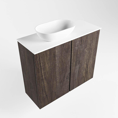 Mondiaz Fowy Toiletmeubel - 60x50x23cm - dark brown mat - 1 kraangat - wasbak links - 2 deuren - solid surface - blad Melamine - wasbak: wit