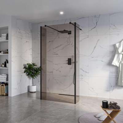 Fortifura Galeria Vrijstaande Inloopdouche - 100x200cm - Rookglas - antikalk - 8mm veiligheidsglas - 2 zijwanden 30cm - wandsteunen en hoekprofielen - Zwart mat