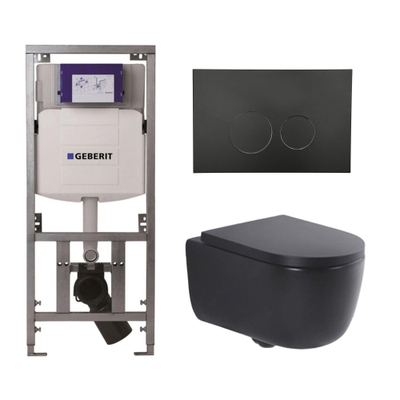 QeramiQ Dely Swirl Toiletset - 36.3x51.7cm - Geberit UP320 Burda inbouwreservoir - 35mm zitting - mat zwarte bedieningsplaat - ronde knoppen - mat zwart