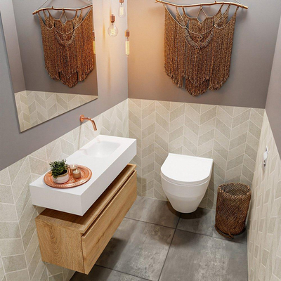MONDIAZ ANDOR Toiletmeubel - 80x30x30cm - 0 kraangaten - 1 lades - washed oak mat - wasbak rechts - Solid surface - Wit