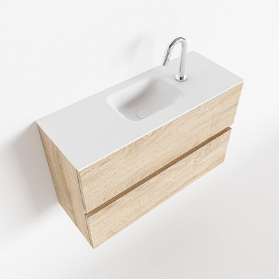 MONDIAZ ADA Toiletmeubel - 80x30x50cm - 1 kraangat - 2 lades - washed oak mat - wasbak midden - Solid surface - Wit