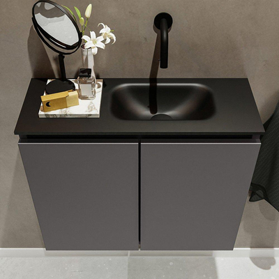 MONDIAZ TURE Fonteinset - 60x23x50cm - 0 kraangaten - 2 deuren - darkgrey mat - Wasbak rechts - Solid Surface Zwart