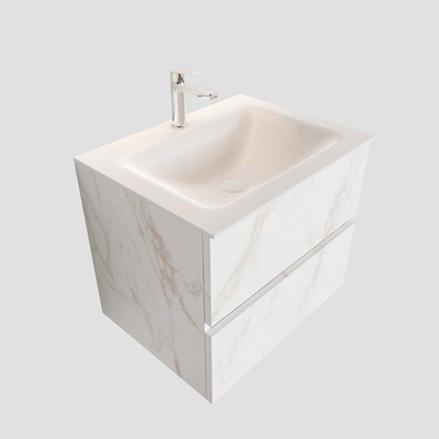 MONDIAZ VICA Badkamermeubelset - 60cm - 2 lades - wasbak Cloud midden - 1 kraangat - solid surface carrara marmer