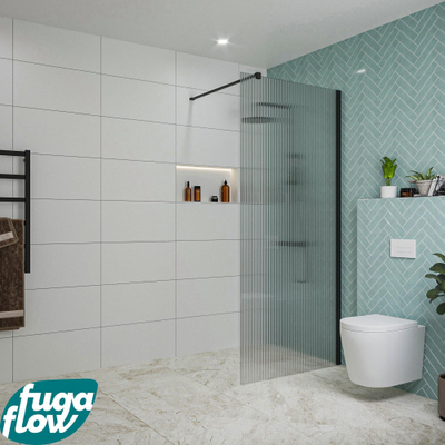FugaFlow Eccelente Vetro inloopdouche badkamer - 90x200cm - ribbelglas - wandarm - mat zwart -