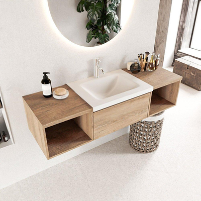 Mondiaz BUKLA Badkamermeubelset - 140x45x34cm - 1 kraangat - wasbak midden - solid surface - Talc - greeploos - 2 lades - Melamine - Washed Oak