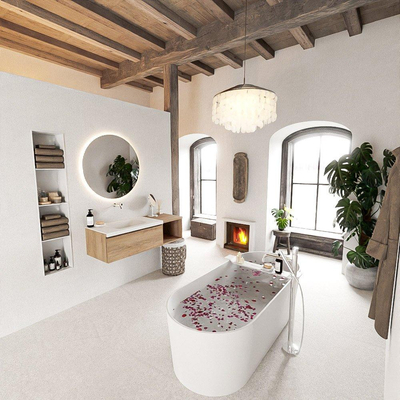 MONDIAZ BUKLA 120cm badmeubel met open module 40 kleur Washed Oak met 1 lade. Wastafel CLOUD links 0 kraangaten kleur Talc.