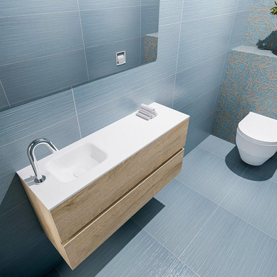 MONDIAZ ADA Toiletmeubel - 100x30x50cm - 1 kraangat - 2 lades - washed oak mat - wasbak links - Solid surface - Wit