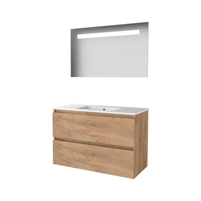 Basic-Line Economic 46 badkamermeubelset - 100x46cm - greeploos - 2 lades - porseleinen wastafel - 1 kraangat - Spiegel - geintegreerde LED verlichting - MFC Whisky Oak