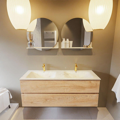 MONDIAZ VICA-DLUX Badkamermeubelset - 130cm - onderkast washed oak - 2 lades - inbouw wastafel cloud dubbel - 2 kraangaten - 60cm hoge versie - opalo
