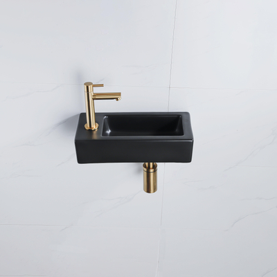 QeramiQ Fuente Fonteinset - 37.5x18.5x9cm - keramiek - kraangat links - fonteinkraan geborsteld messing - afvoerplug - verlaagd sifon - Mat Zwart