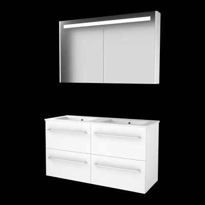 Basic-Line Premium 46 badkamermeubelset - 120x46cm - met grepen - 4 lades - porseleinen wastafel - 2 kraangaten - Spiegelkast - geintegreerde LED verlichting - MDF lak Ice White