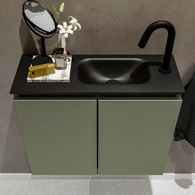 MONDIAZ TURE Fonteinset - 60x23x50cm - 1 kraangat - 2 deuren - army mat - Wasbak rechts - Solid Surface Zwart