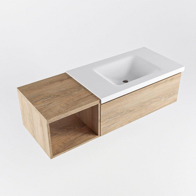MONDIAZ BUKLA 120cm badmeubel met open module 40 kleur Washed Oak met 1 lade. Wastafel CLOUD rechts 1 kraangat kleur Talc.