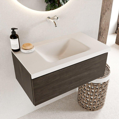 Mondiaz BUKLA Badkamermeubelset - 80x45x34cm - 0 kraangaten - wasbak midden - solid surface - Talc - greeploos - 1 lade - Melamine - Dark brown