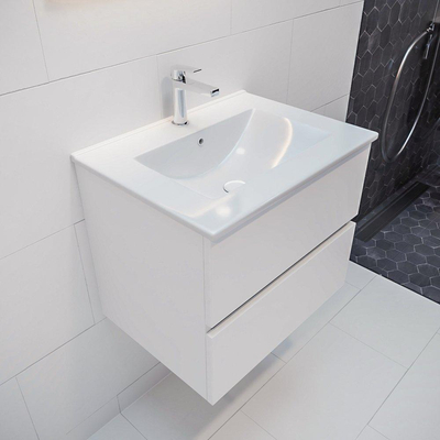 MONDIAZ VICA Badkamermeubelset - 60cm - 2 lades - wasbak Denia midden - 1 kraangat - solid surface talc