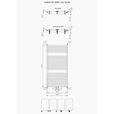 Plieger Florian Nxt M designradiator enkel horizontaal met middenaansluiting 1216x600mm 750W wit