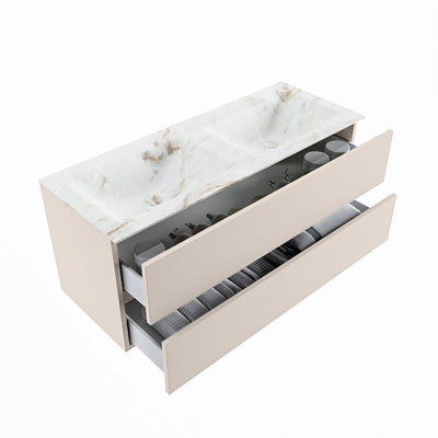 MONDIAZ VICA-DLUX Badkamermeubelset - 120cm - onderkast linen- 2 lades - inbouw wastafel cloud dubbel - zonder kraangaten - 60cm hoge versie - frape