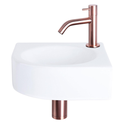 Differnz Cleo fonteinset - 30x30x10cm - Kwartrond - 1 kraangat - Gebogen rose koper kraan - Keramiek Wit