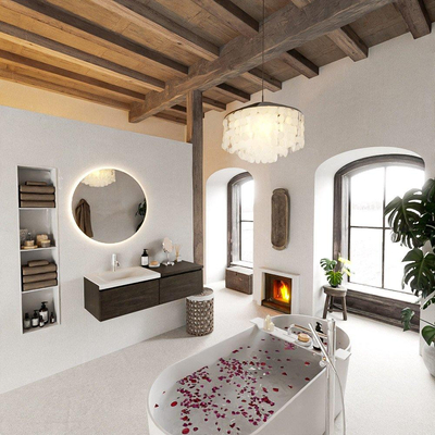 MONDIAZ BUKLA 120cm badmeubel met module 60 kleur Dark Brown met 2 lades. Wastafel CLOUD links 1 kraangat kleur Talc.