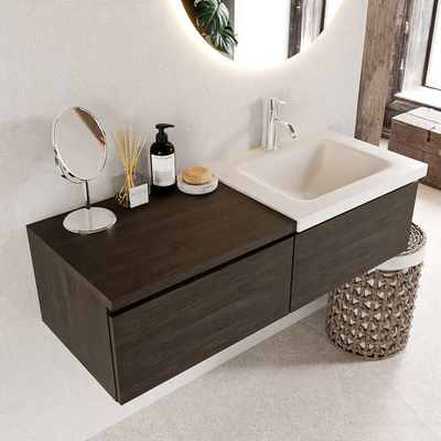 MONDIAZ BUKLA 120cm badmeubel met module 60 kleur Dark Brown met 2 lades. Wastafel CLOUD rechts 1 kraangat kleur Talc.