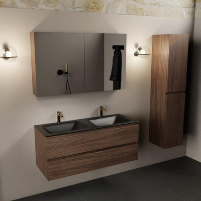 Mondiaz Aivy badmeubelset - 120x45x50cm - 2 kraangaten - 2 wasbakken urban Solid surface - Links en rechts - 2 lades - Met spiegelkast - Melamine Mocha