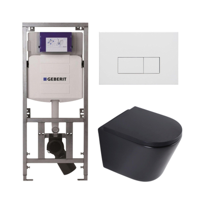QeramiQ Dely Toiletset - 36.3x51.7cm - diepspoel - rimless - Geberit UP320 inbouwreservoir - softclose toilet zitting 35 mm - mat witte bedieningsplaat - rechthoekige knoppen - mat zwart