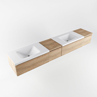 MONDIAZ BUKLA 240cm badmeubel met module 40 links kleur Washed Oak met 4 lades. Wastafel CLOUD dubbel 0 kraangaten kleur Talc.