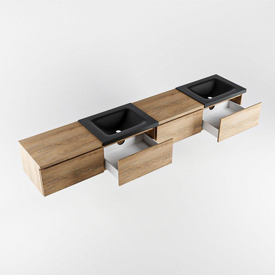 MONDIAZ BUKLA 240cm badmeubel met module 60 links kleur Washed Oak met 4 lades. Wastafel CLOUD dubbel 0 kraangaten kleur Urban.