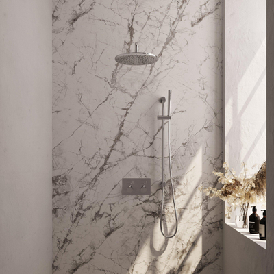 BRAUER Chrome Edition Thermostatische Regendouche inbouw - drukknoppen - SET 64 - 30cm hoofddouche - gebogen muurarm - staaf handdouche - doucheslang - geïntegreerde glijstang - chroom