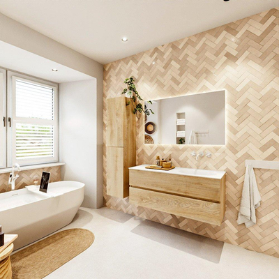 MONDIAZ VICA 120cm badmeubel onderkast Washed Oak 2 lades. Wastafel MOON rechts zonder kraangat, kleur Talc.