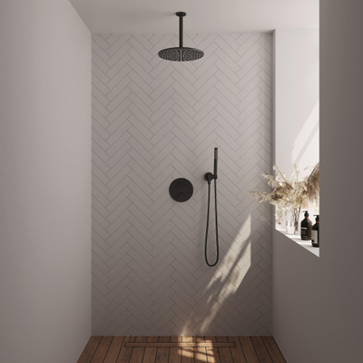 BRAUER Black Edition thermostatische Inbouw Regendouche - 3-weg - rond - set 78 - 30cm hoofddouche - plafondarm - staaf handdouche - doucheslang - wandaansluitbocht - mat zwart