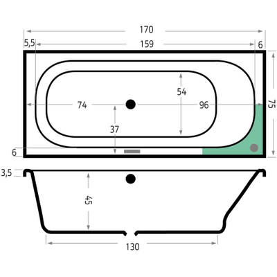Xenz Aruba ligbad - 170x75cm - met overloop - zonder afvoer - overloop aan andere kant - Acryl Wit