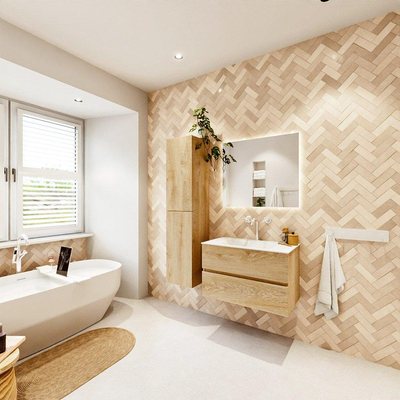 MONDIAZ VICA 80cm badmeubel onderkast Washed Oak 2 lades. Wastafel CLOUD midden 1 kraangat, kleur Talc.