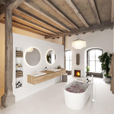 MONDIAZ BUKLA 240cm badmeubel met module 60 rechts kleur Washed Oak met 4 lades. Wastafel CLOUD dubbel 2 kraangaten kleur Talc.