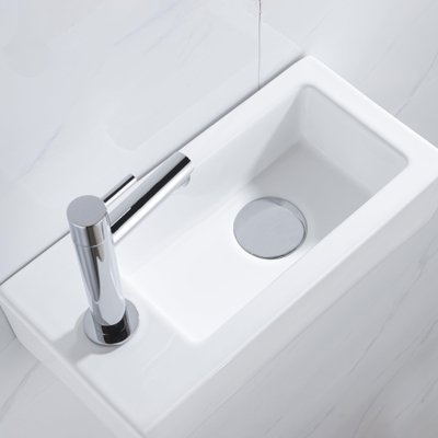 QeramiQ Fuente Fonteinset - 37.5x18.5x9cm - keramiek - kraangat links - fonteinkraan chroom - afvoerplug - verlaagd sifon - Glans wit