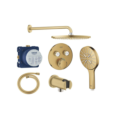Grohe Grohtherm regendoucheset inbouw - hoofddouche rond - handdouche rond - gebogen wandarm - cool sunrise geborsteld