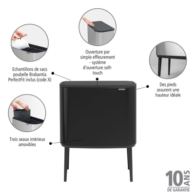 Brabantia Bo Touch Bin Afvalemmer - 3x11 liter - 3 kunststof binnenemmers - matt black