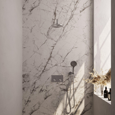 BRAUER Brushed Edition Thermostatische Regendouche inbouw - drukknoppen - SET 57 - 20cm hoofddouche - gebogen muurarm - 3 standen handdouche - doucheslang - wandaansluitbocht - RVS geborsteld PVD