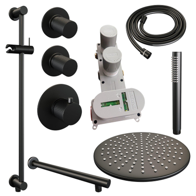 Brauer Black Carving Regendoucheset inbouw - hoofddouche 30cm - 3 carving knoppen - rechte wandarm - glijstang - handdouche staaf 1 stand - mat zwart