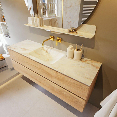MONDIAZ VICA-DLUX Badkamermeubelset - 150cm - onderkast washed oak - 2 lades - inbouw wastafel cloud midden - zonder kraangaten - 60cm hoge versie - frape