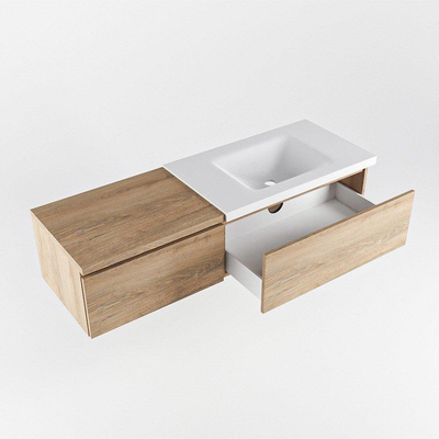 MONDIAZ BUKLA 140cm badmeubel met module 60 kleur Washed Oak met 2 lades. Wastafel CLOUD rechts 1 kraangat kleur Talc.